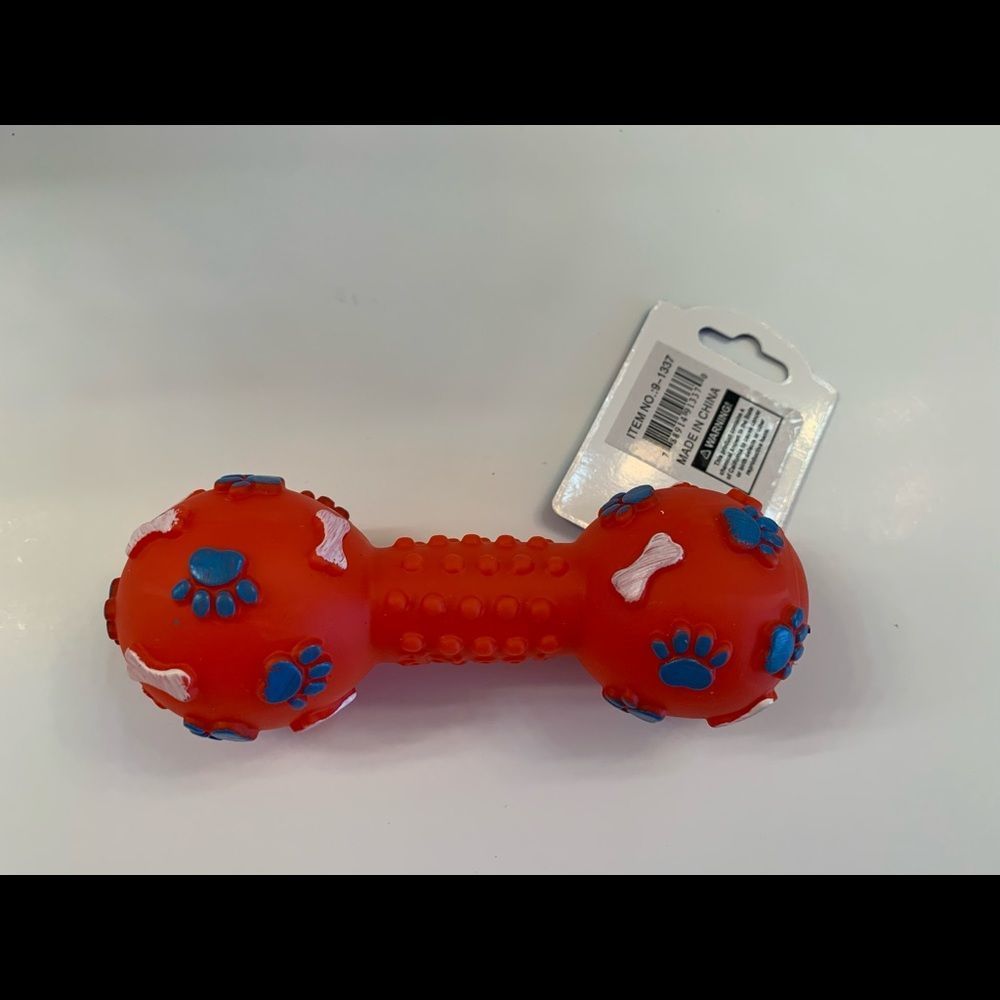 Pet- Squeaky Toy- Dumbbell W/ Paw Prints - Various Colors - Picture 14 of 14